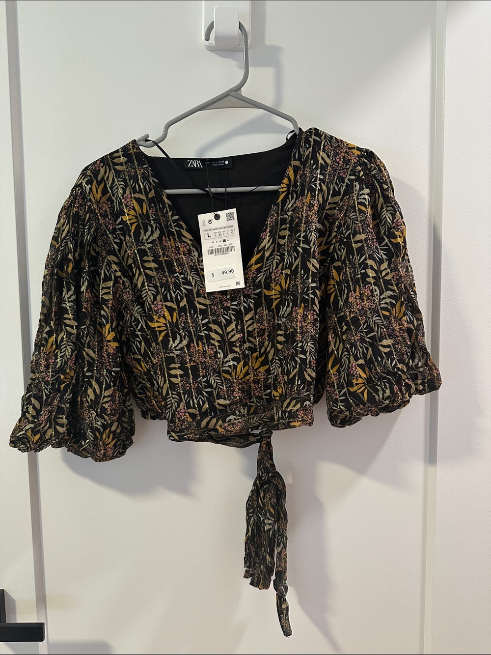 Zara Black Floral Tie-Waist Puff Sleeve Crop Top